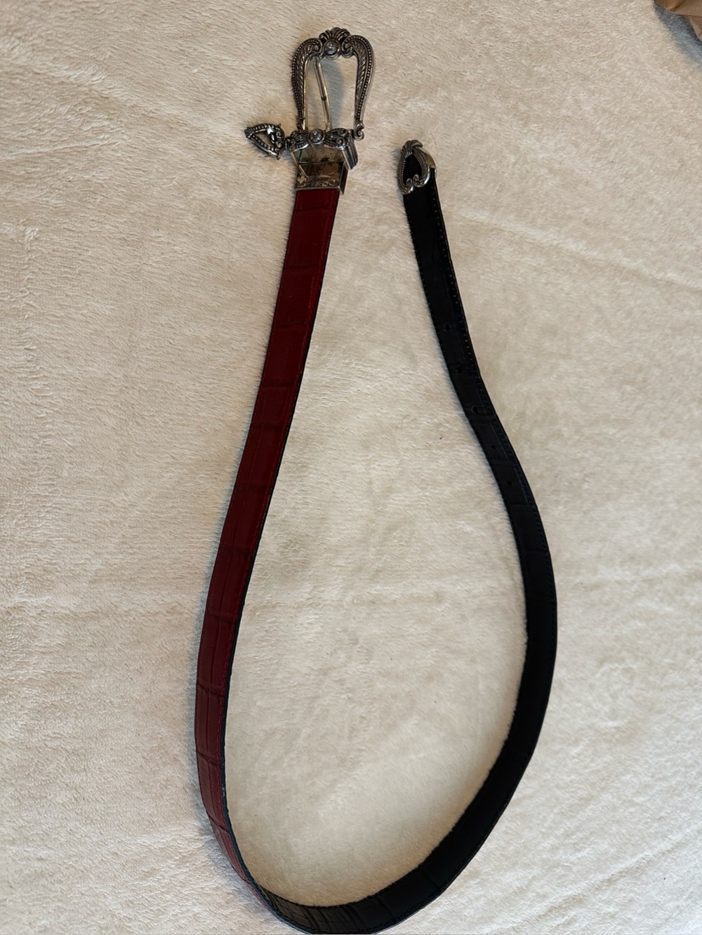 Brighton Leather Croc Embossed Belt Black Red Reversible Silver Buckle Heart Lrg